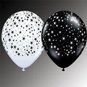 11" Stars Around Balloons , Black/White (bag of 100)